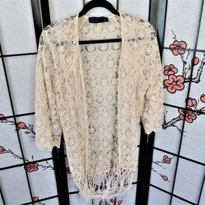 Blue Rain Cream Lacy Lace Sheer 3/4 Sleeves Cardigan Size Large